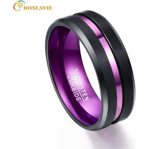 BONLAVIE Purple Inner Ring Scrub Groove Men Rings Tungsten Carbide Anillos Para Hombres Male Fashion Jewelry