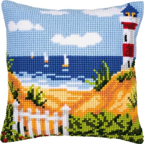 DIY Cross Stitch Cushion Cover Seascape Needlepoint Kits Printed Canvas Chunky Yarn Cross-stitch Pillow Case Arts and Crafts