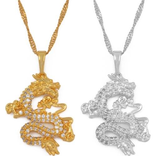 Anniyo CZ Dragon Pendant Necklaces for Women Men Gold Color Jewellery Cubic Zirconia Mascot Ornaments Lucky Symbol Gifts #064004