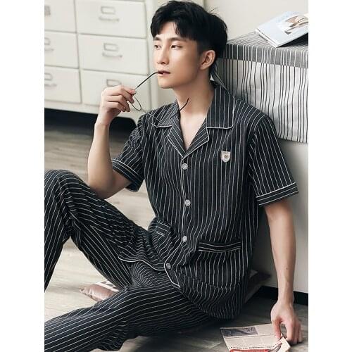 Summer 100% Cotton Pajamas Set Men Striped Short Sleeves Sleepwear Homewear Plus Size Pijama Hombre PJs Cotton Pyjama Homme