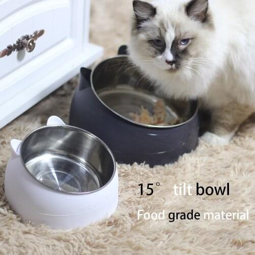 15 Degree Tilted Pet Cat Bowl Stainless Steel Puppy Cats Food Drink Water Feeder With Non-slip Base Neck Protection Dish Bowl
