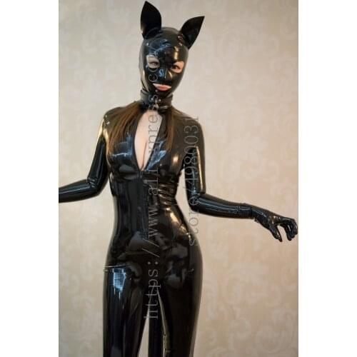 Cat design sexy womens full body latex catsuit including hood mask and inflatable tail in solid black color