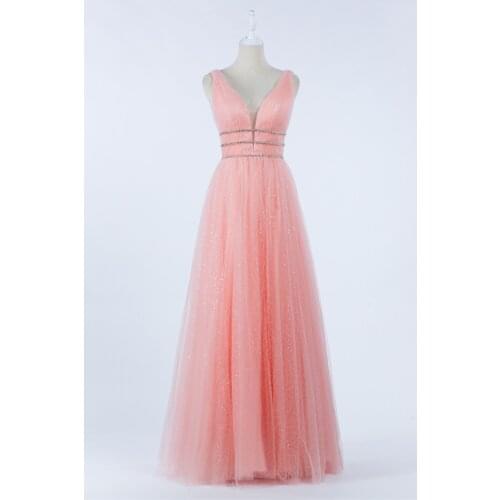 Pink tulle Long Evening Dress 2021 sexy sleeveless V-neck Sewing beads dress Mocini Tailor