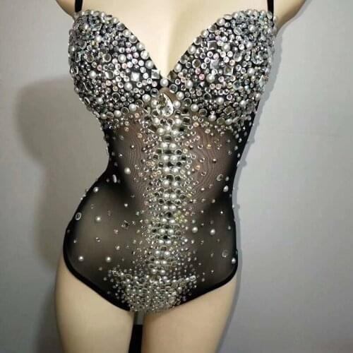 Sexy Leotard Nude Spandex Jazz Rhinestones Costume Stage Performance Dance Wear Singer Pole Dancing Bodysuit Sequin CostumeDJ356