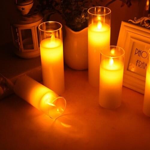 Cell Battery operated Pillar Candle Paraffin Wax LED Glass Candle Dancing Swinging Wick Home Bar Decoration 5.3CM(Dia.)-Amber