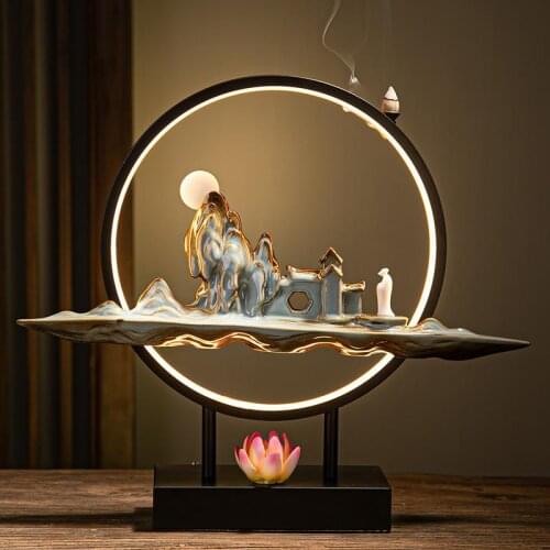 Led Light Backflow Incense Burner With 20 Pcs Cones Smoke Waterfall Incense Sticks Holder Cerative Home Decor Porcelain Censer