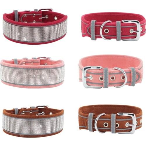 Reflective Bling Rhinestone Pet Dog Collar for Small Medium Dogs Chihuahua Yorkies Collars Suede Puppy Cat Mascotas Accessories