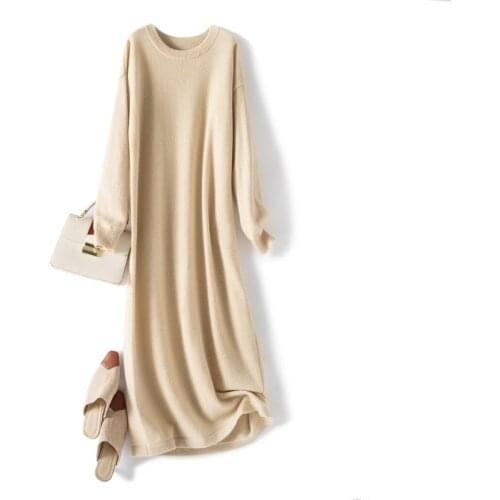 High-end 100% cashmere crew neck sweater dress women elegant winter thick dresses long sleeve warm chic pullovers knitted female