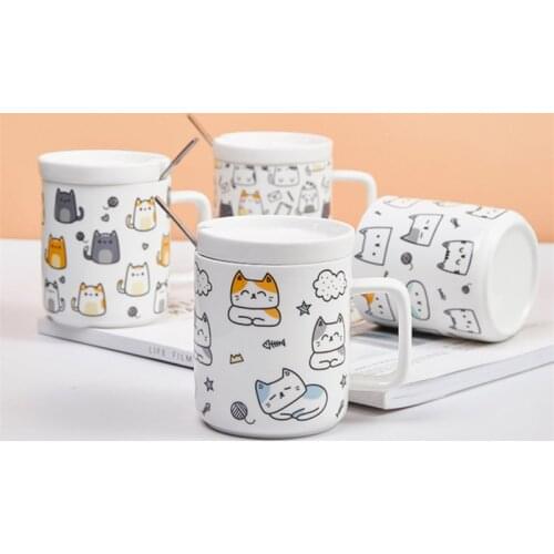 Japanese Creative Ceramic Cute Cartoon Cat Coffee Mug with Lid and Spoon Simple Milk Juice Mug Drinking Breakfast Cup Drinkware