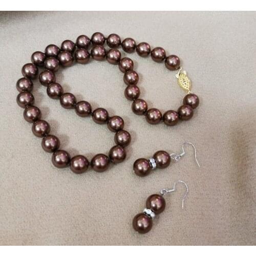 Women Jewelry Set 10mm brown coffee round bead natural south sea shell pearl necklace dangle hook earring rhinestone Gift