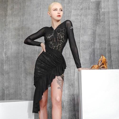 2021 New Latin Dance Dress Women TL667 Leopard Wrinkle Design Performance Costume Dancing Cloth Belly Chacha Ballroom Dresses