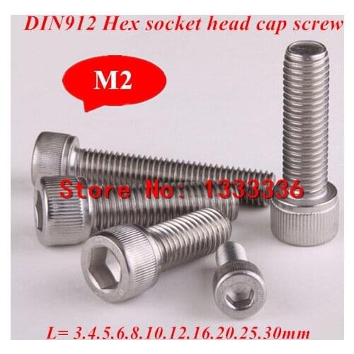 100pcs M2 Stainless steel 304 Screws DIN912 Hex Socket Head Cap Screw M2*3/4/5/6/8/10/-/30mm Hexagon cylinder cup Bolts