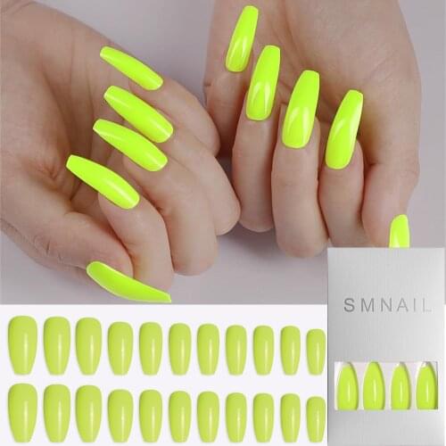 24Pcs/Box Candy Color Long Coffin Ballerina Fake Nails Full Cover False Manicure Detachable Nail Art Tips French Extension Tools