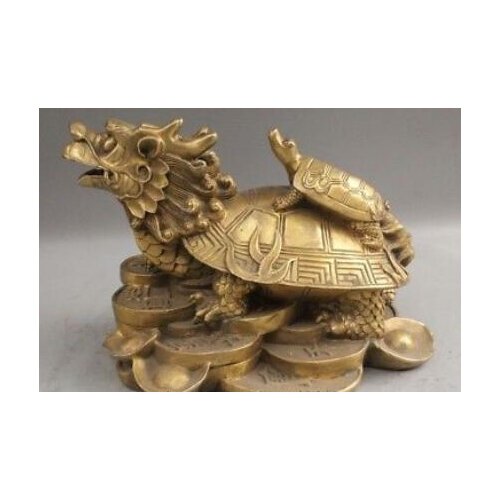 9" Chinese Fengshui Brass Dragon Turtle Tortoise Mother Son Wealth Rich Statue