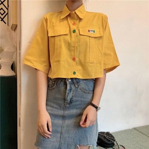 Blouse Women Harajuku Short Sleeve Kawaii Shirt Black Shirt Button Up Korean Style Blouses Woman Fashion 2021 Elegant Summer