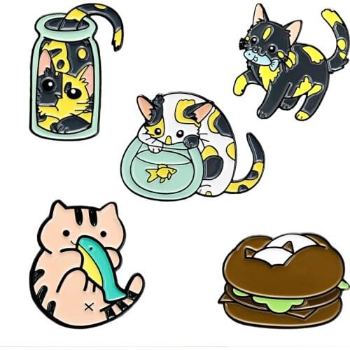 Cats Lapel Pin Enamel Brooches Kitten Fish Bottle Pin for Clothes Backpack Cartoon Animal Badges Jewelry Gift For Friends Kids