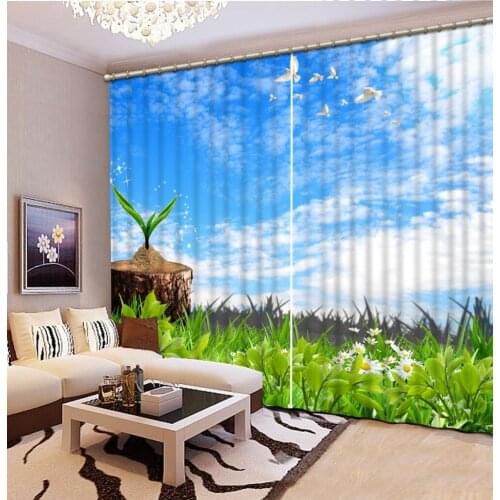 Blue sky, white clouds, green grass Landscape Scenery Beauty Digital Photo Printing Blackout 3D Curtains for Living Room Bedding
