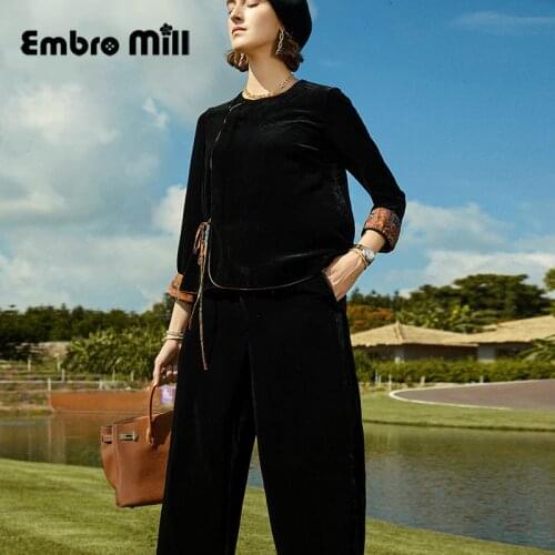 Noble Silk + Flocking Suit Womens Spring And Autumn New Three Quarter Sleeve Retro Shirt Top + High-Waist Wide-Leg Pants S-XL