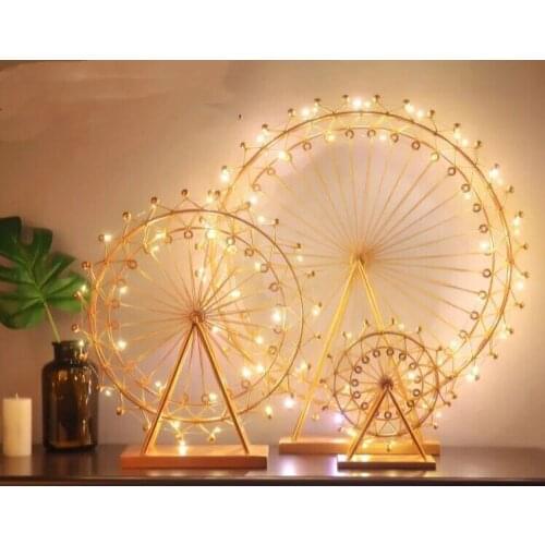 Hand Forged Wrought Crafts Iron Metal Ferris Wheel Statue with String Lights Tabletop Ornaments for Home Furnishing Decoration