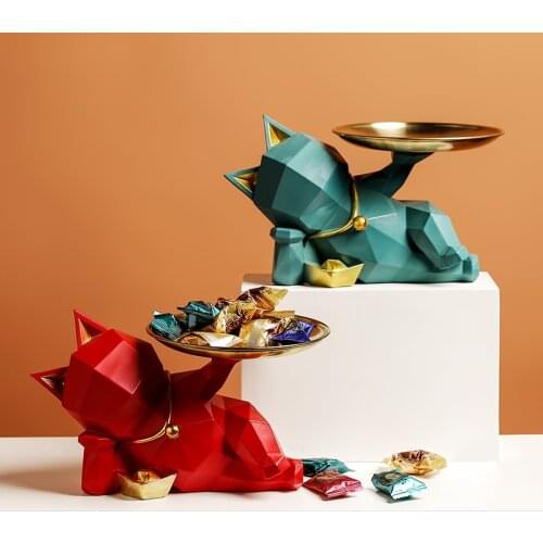 Lucky Cat Shape Red Tray Decoration Home Decor Desktop Storage Decoration Resin Statue Sculpture