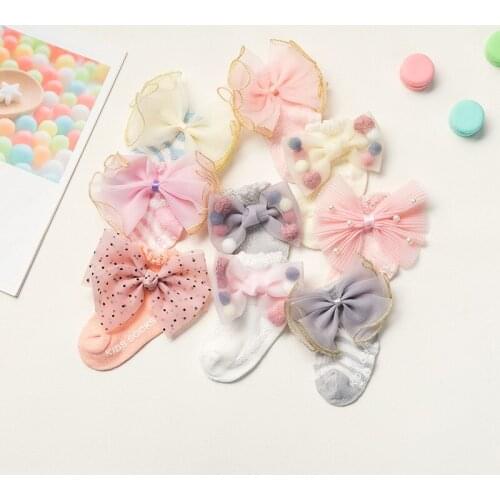Summer Newborn Socks Non-slip Dispensing Newborn Baby Sock Bow Full Cotton Baby Girl Thin Socks big bow lace pearl decoration