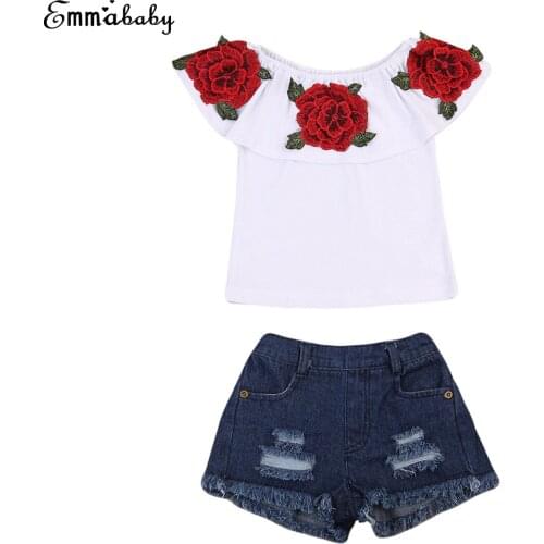 2Pcs Summer Infant Baby Kids Girls 3D Flower Short Sleeve Off Shoulder Tops Shirt Denim Hole Shorts Girls Outfits Clothes Set
