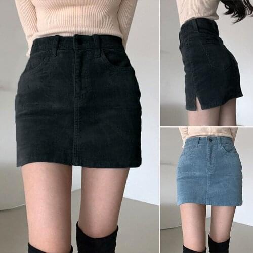 Fashion Mini Skirts Womens Vintage Corduroy Split Sexy Clubwear High Waist Pencil Bodycon Skirt Female