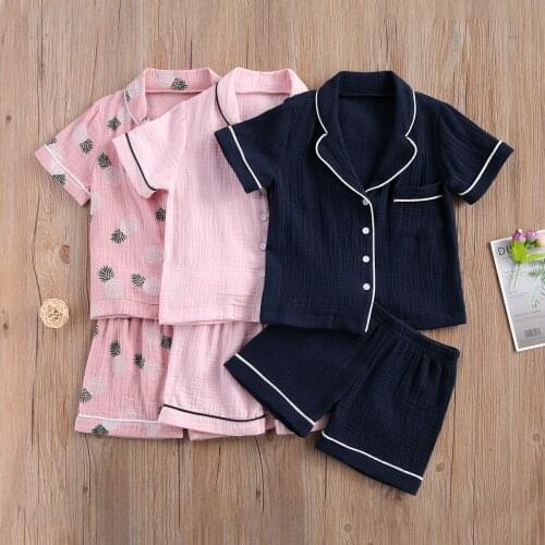 Toddler Baby Boys Girls Sleepwear Suit Short Sleeve Single Breasted Shirt Tops with Front Pocket and Elastic Short Pants