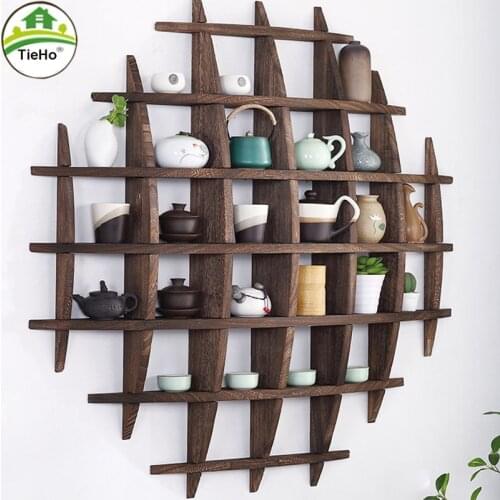TieHo Retro DIY Hang Wall Tea Set Shelf Office Sundries Art Ornaments Storage Rack Simple Solid Wood Tea Pot Holder