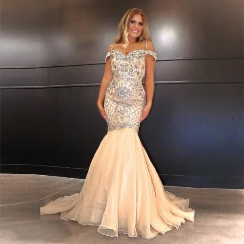 Luxury Champagne Color Sparkle Rhinestone Beading Bling Off the Shoulder Backless Fishtail Prom Dress