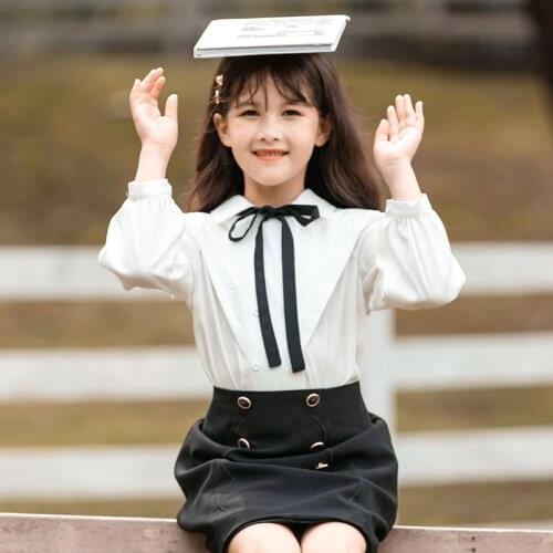 3 -14 Years Girls Shirts School Uniform Long Sleeve Turn Down Collar Butterfly Blouse Children Spring Formal Clothing Tops