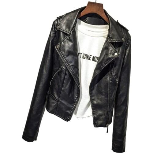 ZQLZ Leather Jacket Women Spring Autumn Black Faux Leather Jacket Zipper Basic Coat Turndown Collar Motor Biker Jacket With Belt