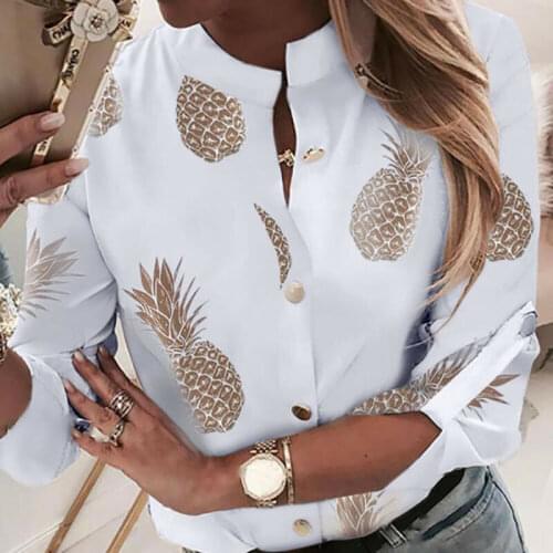 OL Shirt Top Clothes Women Crew Neck Long Sleeve Office Lady Summer Autumn Blouse pineapple Shirt Ladies Tops