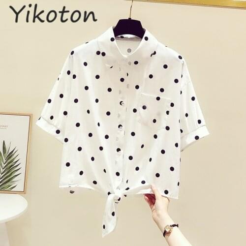 Women Doll Collar Dot Chiffon Kawaii Blouses and Shirts Summer 2021 New Korean Fashion Soft White Cute Tops Casual Ladies Chic