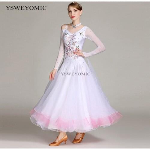 2019 New Style Women Dance Costume On Sale White Pink Professional Competition Waltz Tango Flamenco Ballroom Dresses