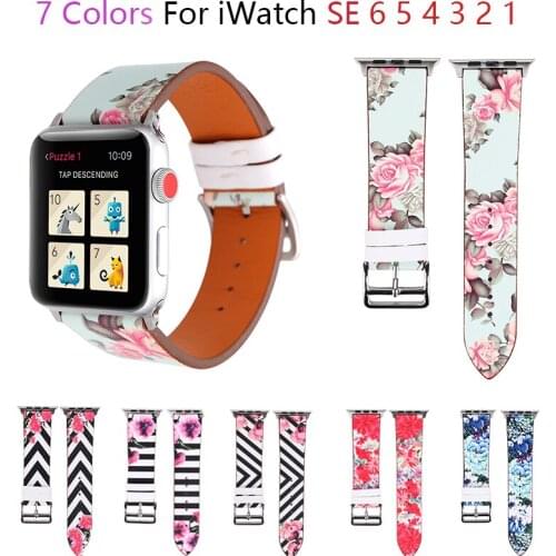 Flowers Leather Strap For Apple Watch Band 44/42/40/38mm Soft Watchband Women Belt Bracelet for iWatch Bands Series 6 SE 5 4 3 2