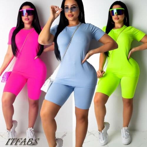 2PCS/Set Women Sports Suit Neon Top Short Pants Workout Clothes Tracksuit arrival Summer Outfit Ladies Casual 2 Piece Set 2020