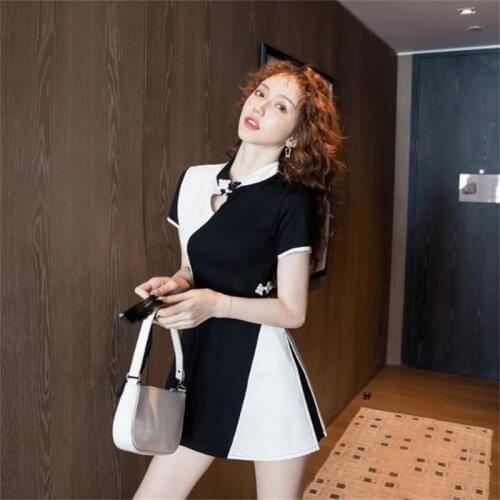 Black And White Stitching Cheongsam Sexy Mini Qipao Fashion Chinese Style Dress Retro Split Maxi Dress Women Summer