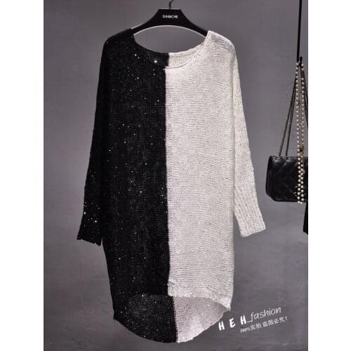 Cakucool Women Sequined Spring Dress Long Sleeve Bling Gold Lurex Vestidos Autumn Batwing Color Patch Loose Casual Basic Dresses