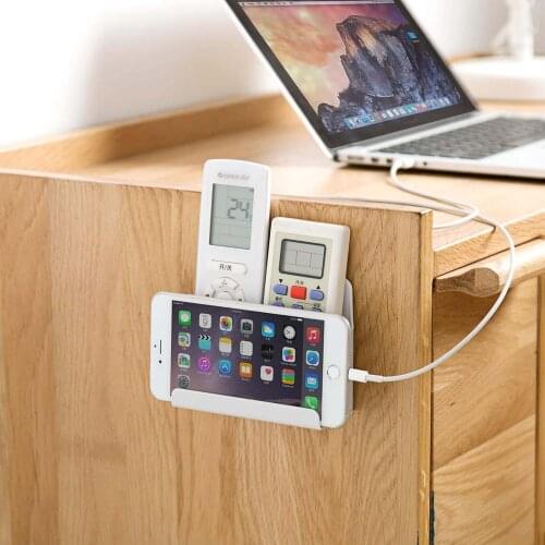 1pc Wall Mounted Storage Rack Phone Remote Control Holder Organizer Hooks Bedroom Living Room Storage Shelf Plug Holder