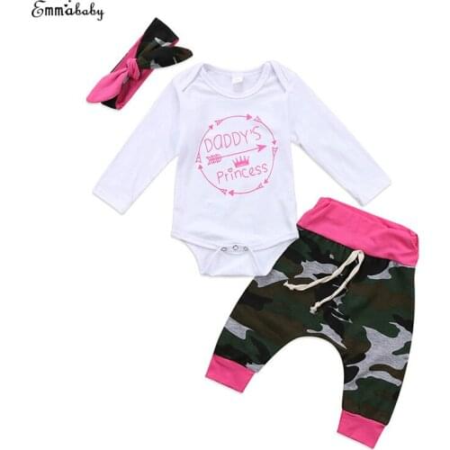 Daddys Princess Newborn Baby Girl Camouflage Clothes Jumpsuit Romper Bodysuit Pants Headband 3PCS Outfits Children Clothing Set