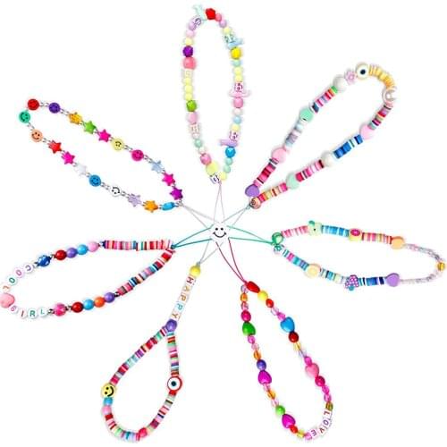 7pcs/Set Ins Trendy Colorful Smiling Beads Chain Mobile Phone Chain Anti-lost Handmade Acrylic Cord Lanyard for Women