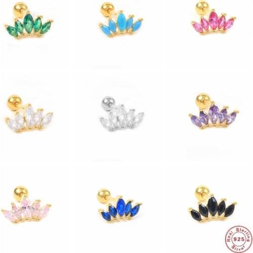 GS 925 Sterling Silver Colored Oval Zircon Crown Shape Stud Earrings For Women Rainbow Crystal Leaf Branch Cartilage Ear Studs