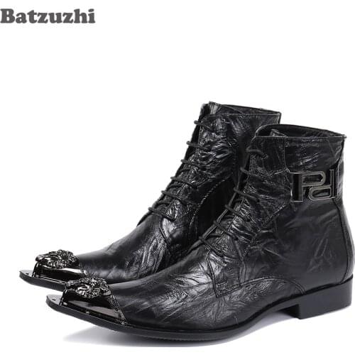 Batzuzhi Cool Mens Ankle Boots Pointed Metal Toe Genuine Leather Boots Men Black Lace-up Business, Party Short Boots for Men