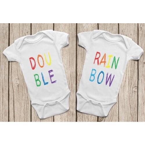 DERMSPE Infant Newborn Twin Baby Boy Girl Short Sleeve Letter Print Double Rainbow Romper Outfits Summer Baby Clothes