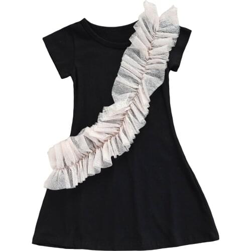 Children Mesh-joint Midi Dress Girls Short Sleeve Round Collar A-line Dress for Summer
