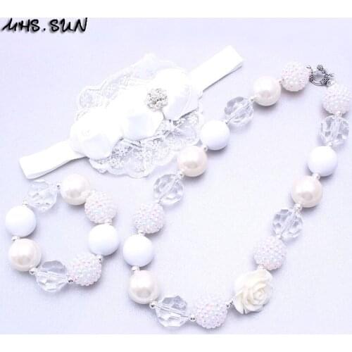 MHS.SUN White Rose Flowers Hairbands Baby Kids Chunky Beads Necklace Bracelets Elastic Crystal Headbands For Girl Jewelry BN078