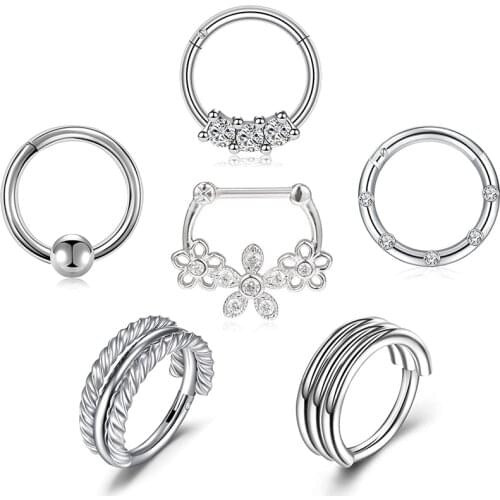 16G Stainless Steel Septum Clicker Nose Rings Hoop Cartilage Tragus Daith Earrings Piercing Hinged Clicker Septum Ring
