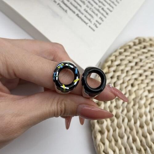 Korean Star with The Same Cute Donut Punk Ring Pundi Ins Fashion Open Creative Geometric Black Ring Wholesale