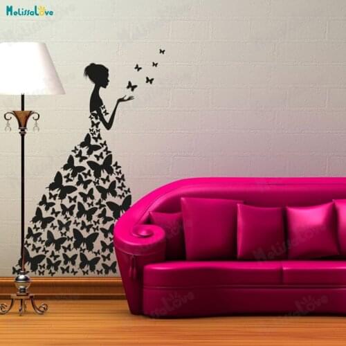 Beautiful Ornate Dress Vinyl Wall Sticker Lady with Butterflies Home Decor For Living Room Bedroom Self-adhesive Art Decal YT624